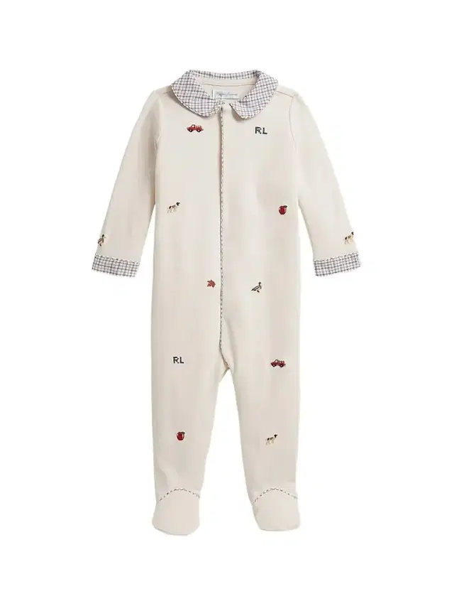 Baby Boy's Embroidered Cotton Interlock Footed Coverall - Estate Cream 9 Months