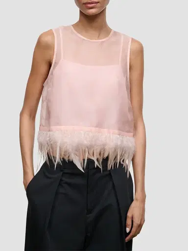 Staud Women's Avi Silk Feather-Trim Top - Sandrose - Size XL | Thumbnail 4