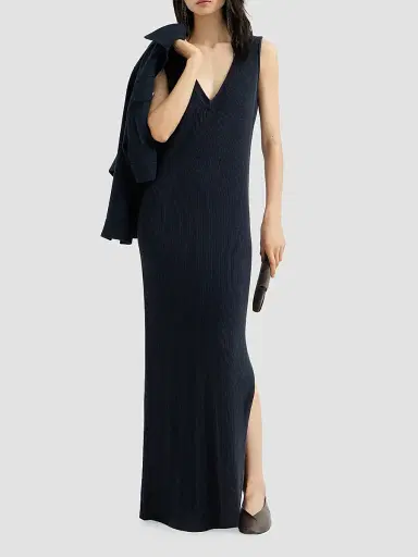 Brunello Cucinelli Women's Cotton Rib Knit Dress with Precious Strap - Blue - Size XXS | Thumbnail 4