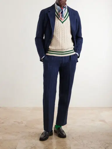 Drake's Games Straight-leg Pinstriped Cotton and Linen-Blend Suit Trousers - Men | Thumbnail 2 Drake's Games Straight-leg Pinstriped Cotton and Linen-Blend Suit Trousers - Men | Thumbnail 2