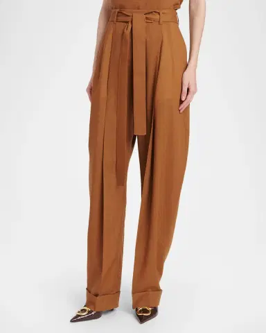 Ferragamo Pleated Wool Barrel-Leg Pants With Belt | Thumbnail 4