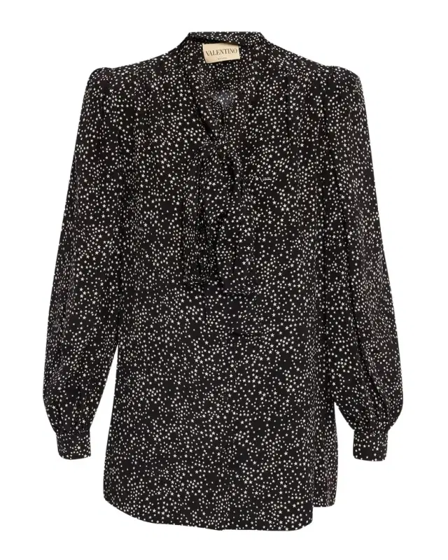Valentino Garavani Neck-Scarf Star Silk Puff-Sleeve Blouse