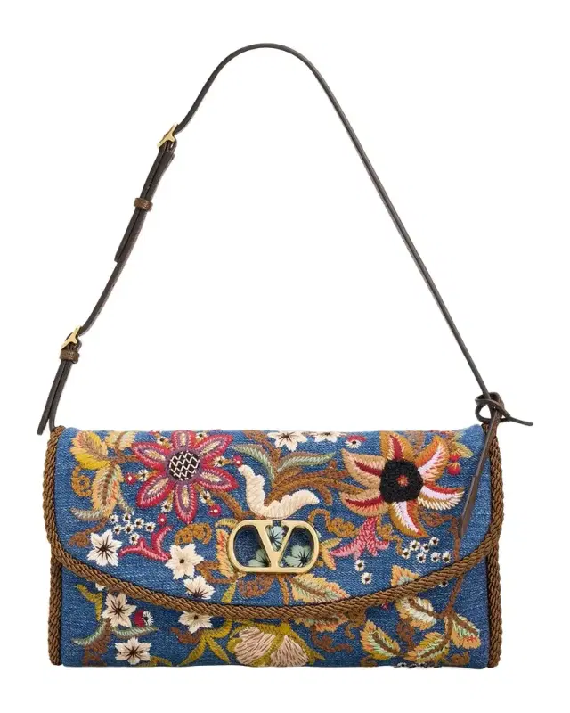 Valentino Garavani Devain Small Embroidered Denim Shoulder Bag