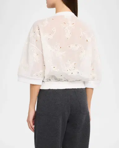 Brunello Cucinelli Broderie Anglaise Cotton Organza 3/4-Sleeve Zip Jacket | Thumbnail 3 Brunello Cucinelli Broderie Anglaise Cotton Organza 3/4-Sleeve Zip Jacket | Thumbnail 3
