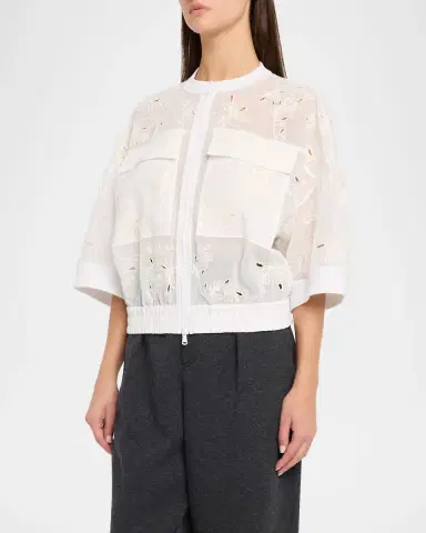Brunello Cucinelli Broderie Anglaise Cotton Organza 3/4-Sleeve Zip Jacket | Thumbnail 4 Brunello Cucinelli Broderie Anglaise Cotton Organza 3/4-Sleeve Zip Jacket | Thumbnail 4