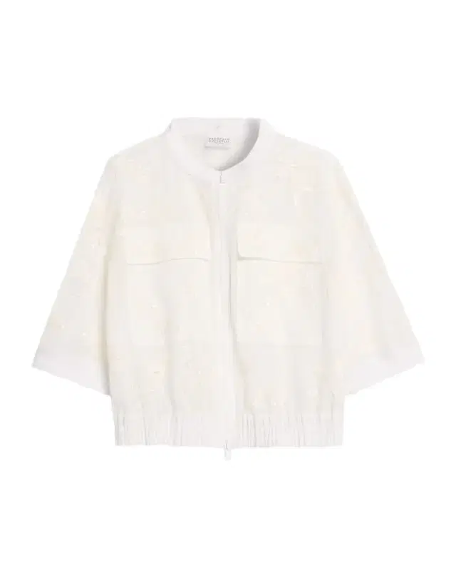 Brunello Cucinelli Broderie Anglaise Cotton Organza 3/4-Sleeve Zip Jacket