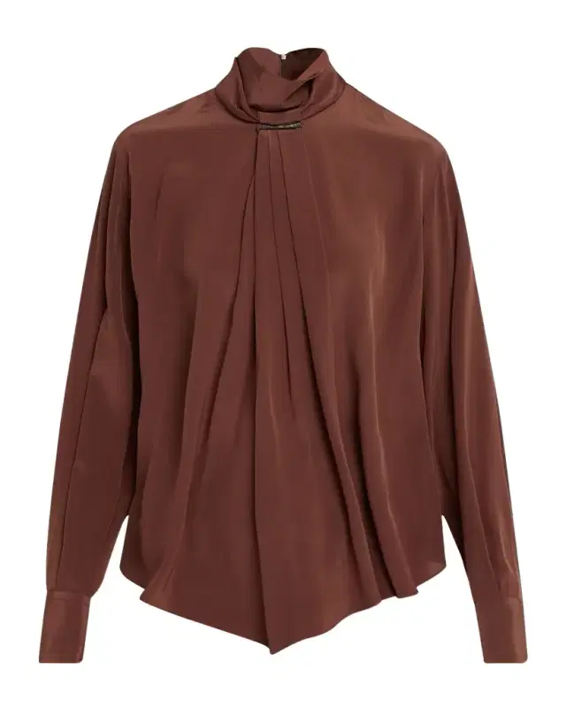 Brunello Cucinelli Turtleneck Monili Gathered Silk Blouse