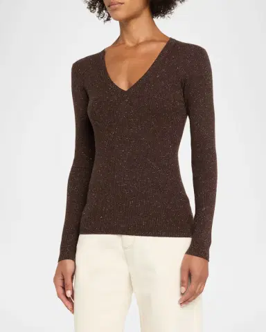 Brunello Cucinelli Shimmering Cashmere Rib V-Neck Fitted Sweater | Thumbnail 4 Brunello Cucinelli Shimmering Cashmere Rib V-Neck Fitted Sweater | Thumbnail 4