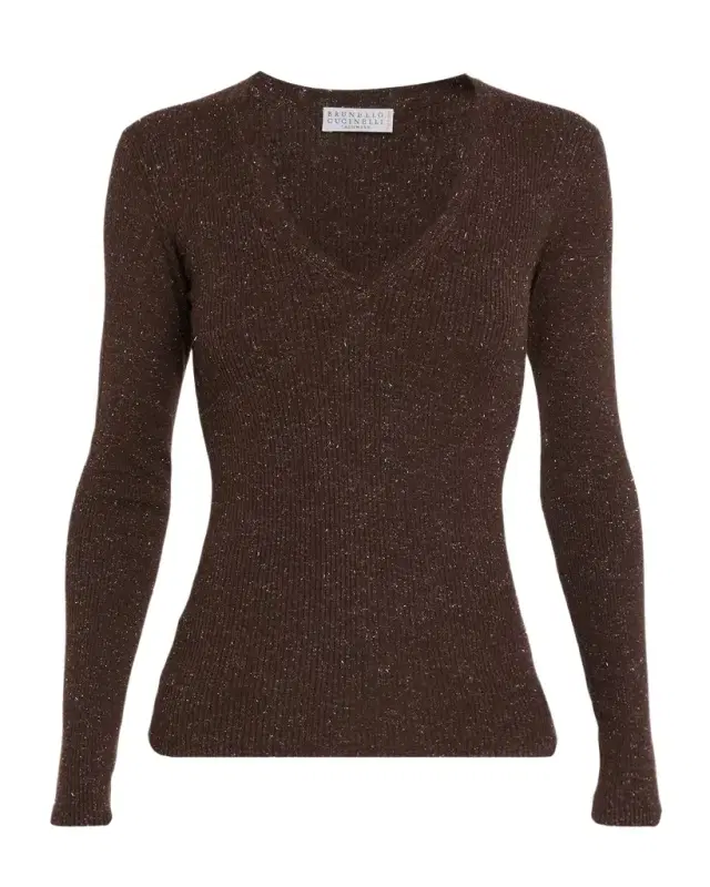 Brunello Cucinelli Shimmering Cashmere Rib V-Neck Fitted Sweater