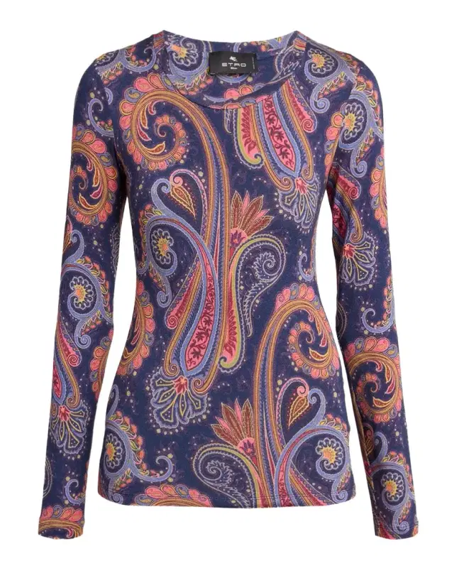 Etro Paisley-Print Wool Jersey Long-Sleeve Top
