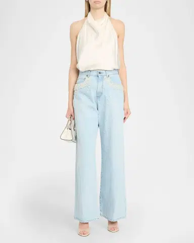 GIUSEPPE DI MORABITO Act II: The Fall of Icarus Imitation Pearl-Embellished Wide-Leg Jeans | Thumbnail 2
