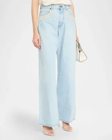 GIUSEPPE DI MORABITO Act II: The Fall of Icarus Imitation Pearl-Embellished Wide-Leg Jeans | Thumbnail 4
