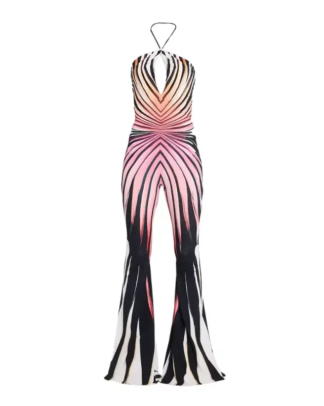 Roberto Cavalli Striped Jersey Flare-Leg Halter Jumpsuit
