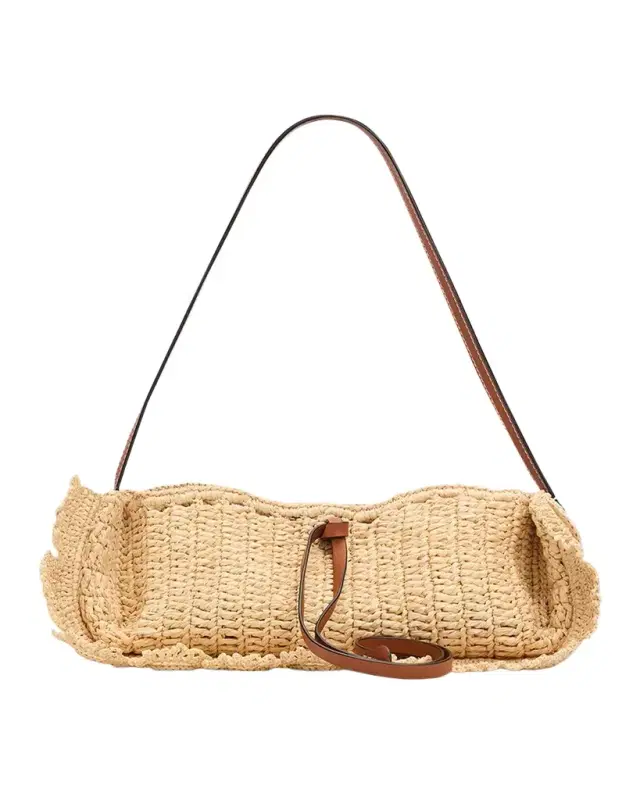 Marina Raffia Scalloped Leather-Trim Shoulder Bag