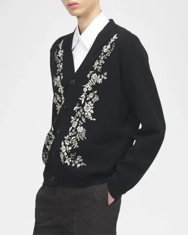 Alexander McQueen Men's Wool Floral-Embroidered Cardigan | Thumbnail 4 Alexander McQueen Men's Wool Floral-Embroidered Cardigan | Thumbnail 4