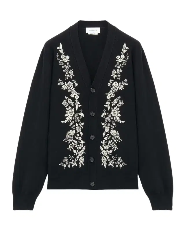 McQueen Men 's Wool Floral-Embroidered Cardigan