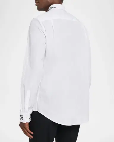 Alexander McQueen Men's Cotton Floral-Embroidered Sport Shirt | Thumbnail 3