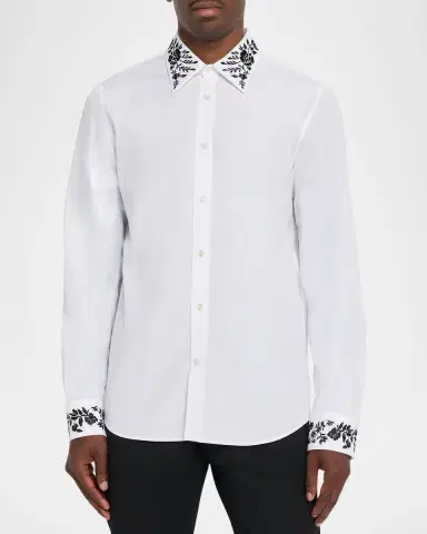Alexander McQueen Men's Cotton Floral-Embroidered Sport Shirt | Thumbnail 4