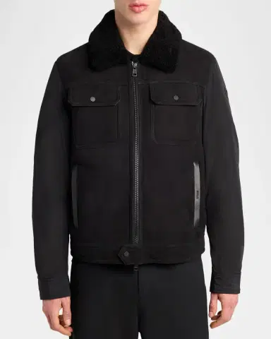 Moncler Men's Hybrid Suede Shearling-Collar Aviator Jacket | Thumbnail 4 Moncler Men's Hybrid Suede Shearling-Collar Aviator Jacket | Thumbnail 4