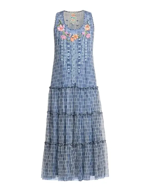 Johnny Was Dorotea Embroidered Mesh Midi Dress