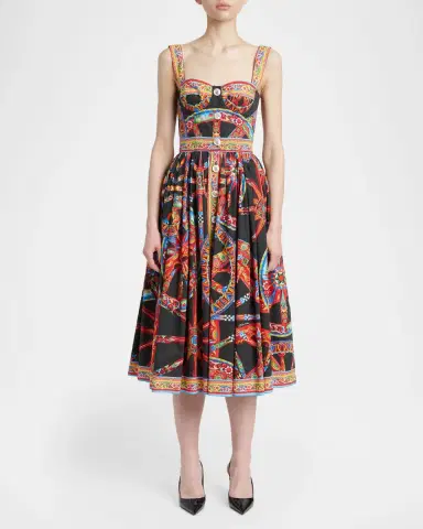 Dolce & Gabbana Sleeveless Carretto-Print Poplin Button-Front Midi Bustier Dress | Thumbnail 2