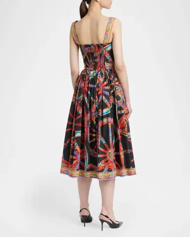 Dolce & Gabbana Sleeveless Carretto-Print Poplin Button-Front Midi Bustier Dress | Thumbnail 3