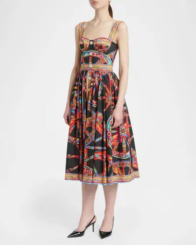 Dolce & Gabbana Sleeveless Carretto-Print Poplin Button-Front Midi Bustier Dress | Thumbnail 4