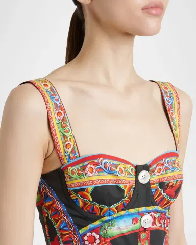 Dolce & Gabbana Sleeveless Carretto-Print Poplin Button-Front Midi Bustier Dress | Thumbnail 5
