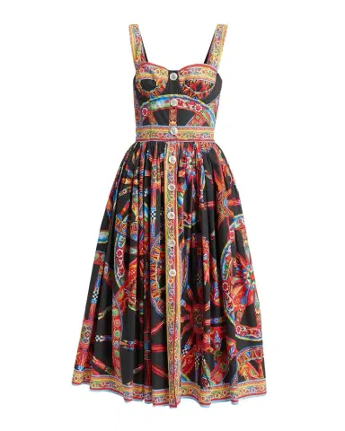 Dolce & Gabbana Sleeveless Carretto-Print Poplin Button-Front Midi Bustier Dress | Thumbnail 1
