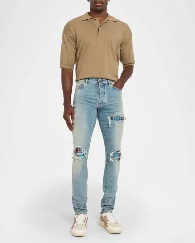 Amiri Men 's Plaid Repair Denim Skinny Jeans | Thumbnail 2