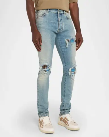 Amiri Men 's Plaid Repair Denim Skinny Jeans | Thumbnail 4