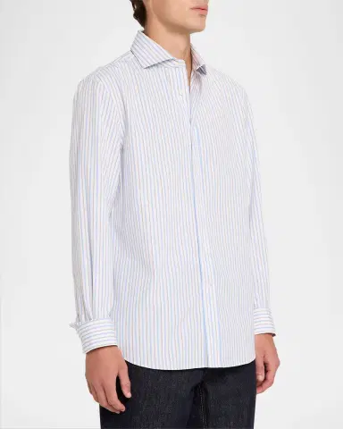 Brunello Cucinelli Men's Cotton Variegated Stripe Button-Down Shirt | Thumbnail 4 Brunello Cucinelli Men's Cotton Variegated Stripe Button-Down Shirt | Thumbnail 4