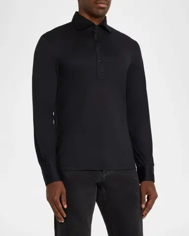 Brunello Cucinelli Men's Cotton-Silk Long-Sleeve Polo Shirt | Thumbnail 4