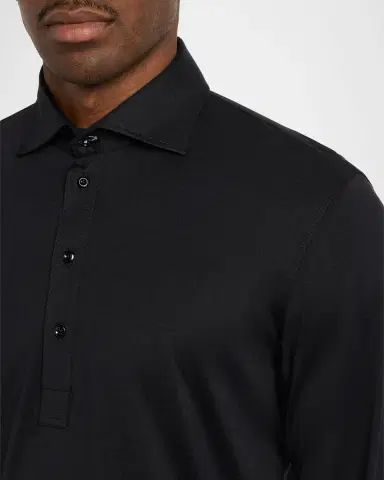Brunello Cucinelli Men's Cotton-Silk Long-Sleeve Polo Shirt | Thumbnail 5