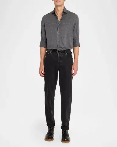 Brunello Cucinelli Men's Silk and Cotton Jersey Long-Sleeve Polo Shirt | Thumbnail 2 Brunello Cucinelli Men's Silk and Cotton Jersey Long-Sleeve Polo Shirt | Thumbnail 2