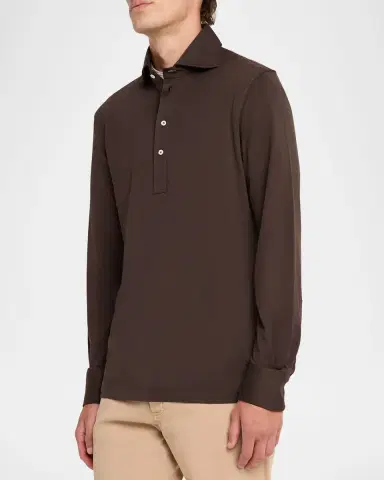 Brunello Cucinelli Men's Cotton Jersey Long-Sleeve Polo Shirt | Thumbnail 4 Brunello Cucinelli Men's Cotton Jersey Long-Sleeve Polo Shirt | Thumbnail 4