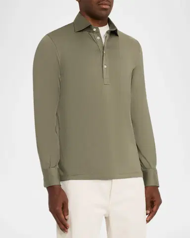 Brunello Cucinelli Men's Cotton Jersey Long-Sleeve Polo Shirt | Thumbnail 4 Brunello Cucinelli Men's Cotton Jersey Long-Sleeve Polo Shirt | Thumbnail 4