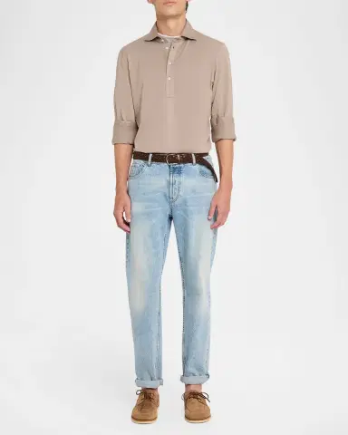 Brunello Cucinelli Men's Cotton Jersey Long-Sleeve Polo Shirt | Thumbnail 2 Brunello Cucinelli Men's Cotton Jersey Long-Sleeve Polo Shirt | Thumbnail 2