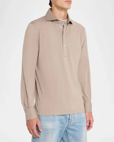 Brunello Cucinelli Men's Cotton Jersey Long-Sleeve Polo Shirt | Thumbnail 4 Brunello Cucinelli Men's Cotton Jersey Long-Sleeve Polo Shirt | Thumbnail 4