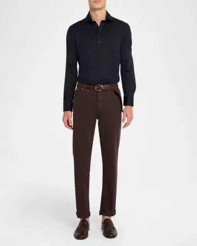 Brunello Cucinelli Men's Cotton-Silk Long-Sleeve Polo Shirt | Thumbnail 2
