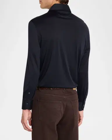 Brunello Cucinelli Men's Cotton-Silk Long-Sleeve Polo Shirt | Thumbnail 3