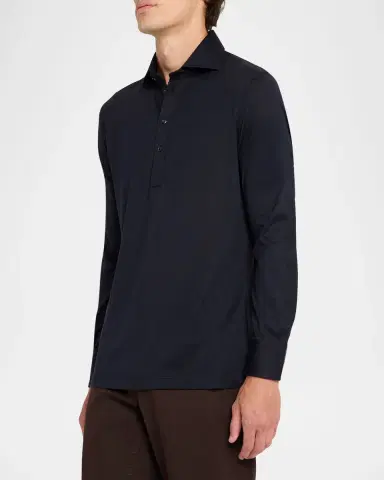 Brunello Cucinelli Men's Cotton-Silk Long-Sleeve Polo Shirt | Thumbnail 4