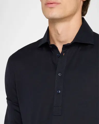 Brunello Cucinelli Men's Cotton-Silk Long-Sleeve Polo Shirt | Thumbnail 5
