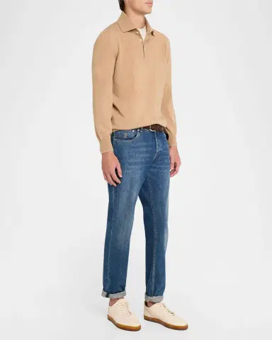 Brunello Cucinelli Men's Cashmere Knit Long-Sleeve Polo Shirt | Thumbnail 2 Brunello Cucinelli Men's Cashmere Knit Long-Sleeve Polo Shirt | Thumbnail 2