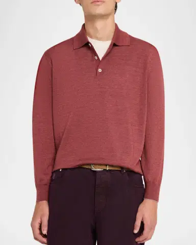 Brunello Cucinelli Men's Melange Cashmere-Blend Polo Sweater | Thumbnail 4 Brunello Cucinelli Men's Melange Cashmere-Blend Polo Sweater | Thumbnail 4