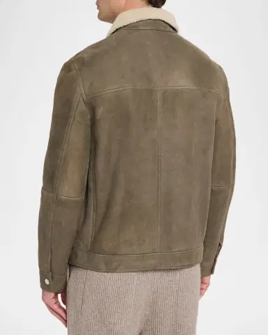 Brunello Cucinelli Men's Shearling-Collar Suede Snap Front Jacket | Thumbnail 3 Brunello Cucinelli Men's Shearling-Collar Suede Snap Front Jacket | Thumbnail 3