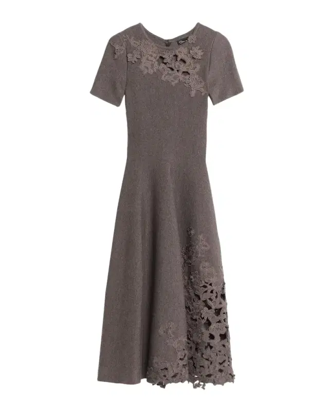 Oscar de la Renta Short-Sleeve Lace-Inset Wool Knit Midi Dress