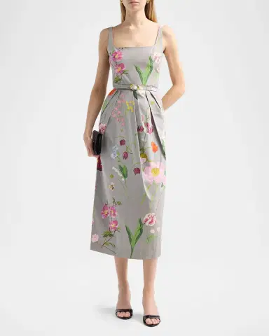 Oscar de la Renta Mixed Botanical Pleated Stretch-Cotton Midi Dress | Thumbnail 2 Oscar de la Renta Mixed Botanical Pleated Stretch-Cotton Midi Dress | Thumbnail 2