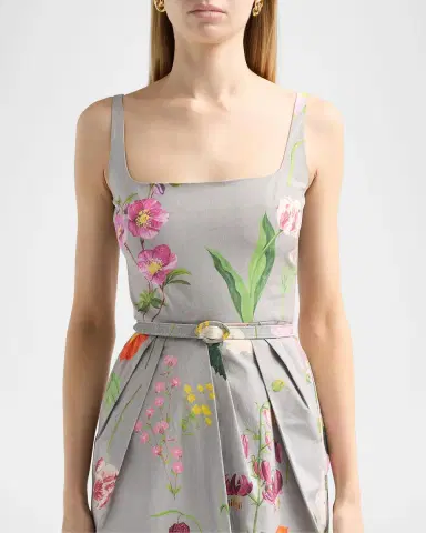 Oscar de la Renta Mixed Botanical Pleated Stretch-Cotton Midi Dress | Thumbnail 3 Oscar de la Renta Mixed Botanical Pleated Stretch-Cotton Midi Dress | Thumbnail 3