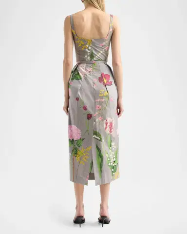 Oscar de la Renta Mixed Botanical Pleated Stretch-Cotton Midi Dress | Thumbnail 4 Oscar de la Renta Mixed Botanical Pleated Stretch-Cotton Midi Dress | Thumbnail 4